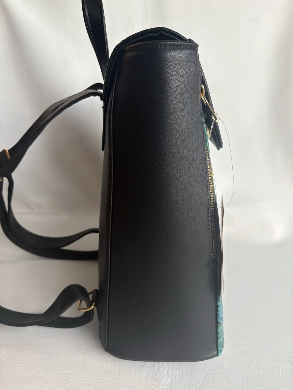 Handpainted Floral Sunflower Vegan Leather Backpack - Black & Teal